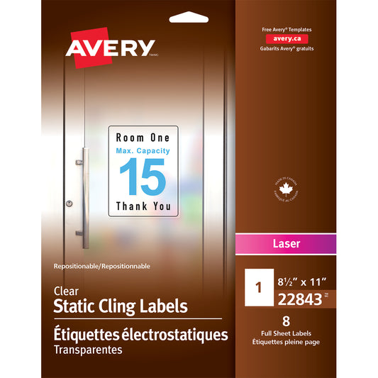 Avery Repositionable Static Cling Labels - 8-1/2" x 11" - Clear - 8 Labels