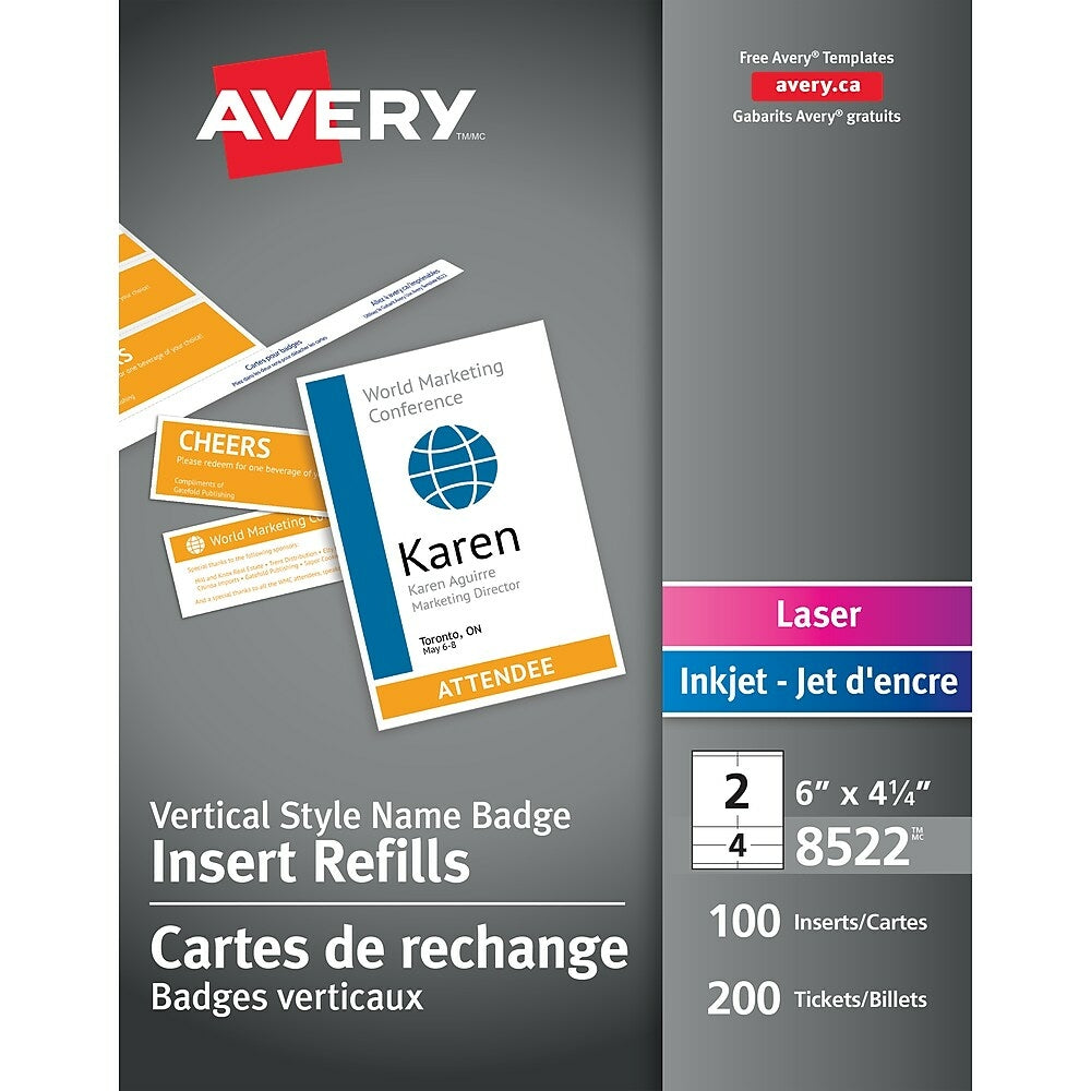 Avery Vertical Name Badge and Ticket Inserts, 6" x 4.25", 100 Pack