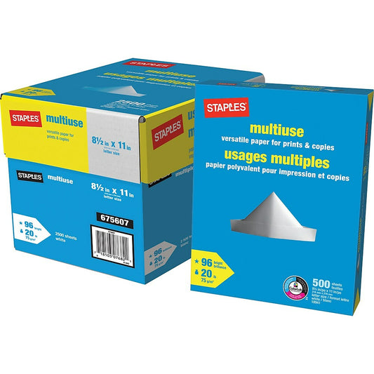 Staples Multiuse Paper - 20 lb. - 8.5" x 11" - White - 2500 Sheets
