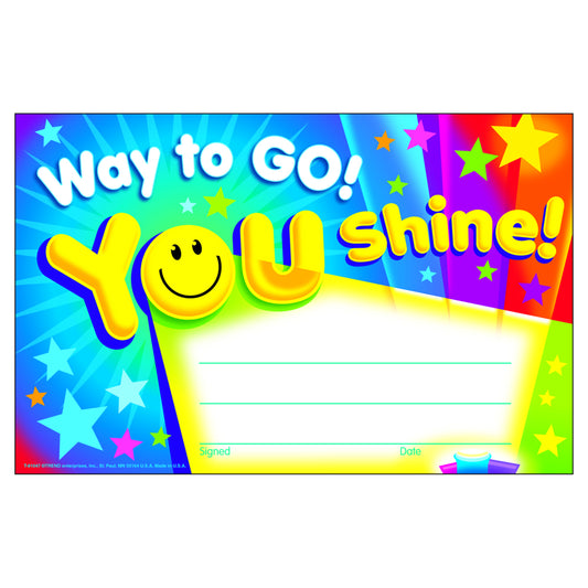 TREND enterprises Way to Go! You Shine! Recognition Awards - 5.5" H x 8.5" W - 30 pack