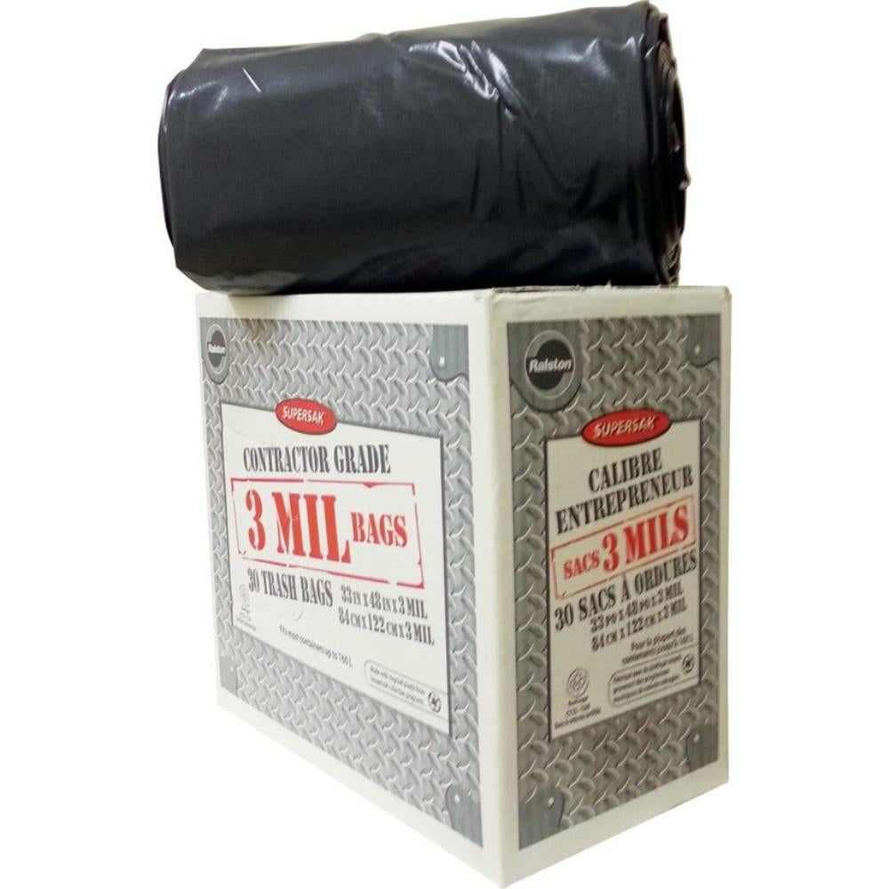 Ralston Supersak Contractor Garbage Bags - 33" x 48" - 3 mil - Black - 30 Rolls/Pack