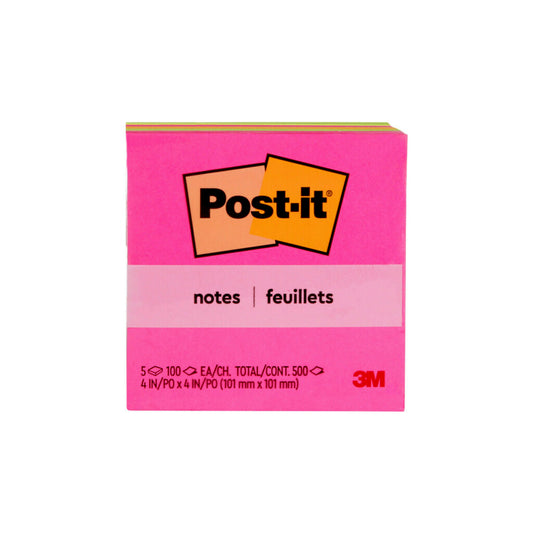 Post-It Notes - Assorted Bright Colours - 4" W x 4" L - 5 Pack