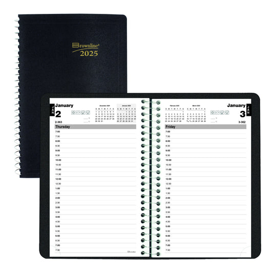 Brownline 2025 Daily Planner - Spiral binding - 8" x 5" - Black - English
