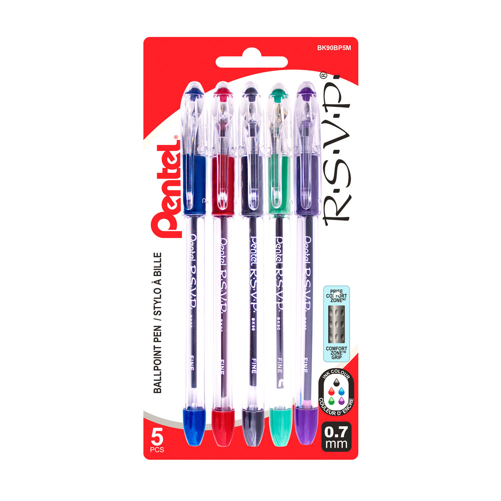 Stylos à bille Pentel RSVP, 0,7 mm, assortis, lot de 5