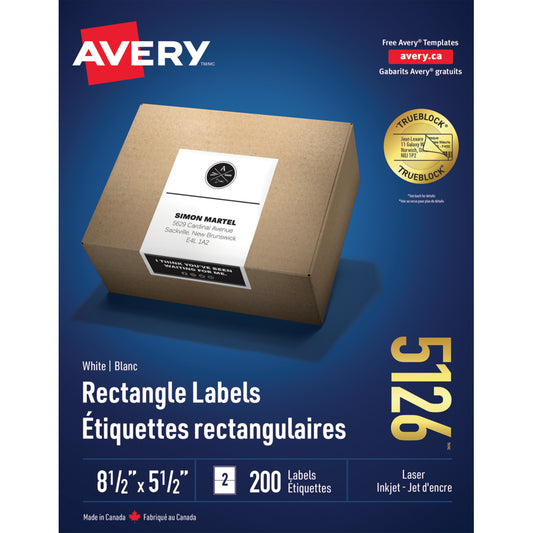 Étiquettes d'expédition laser/jet d'encre Avery TrueBlock - 5-1/2" x 8-1/2" - Blanc - Paquet de 200 - (5126)