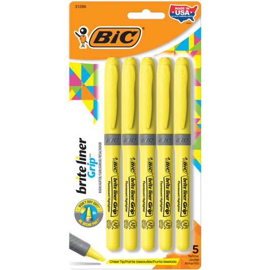 BIC Brite Liner Grip Chisel Tip Pen-Style Highlighters - Yellow - 5 Pack