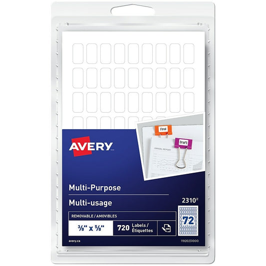 Avery Removable Rectangular Multi-Purpose Labels, White Write On, 3/8" x 5/8", 720 Pack