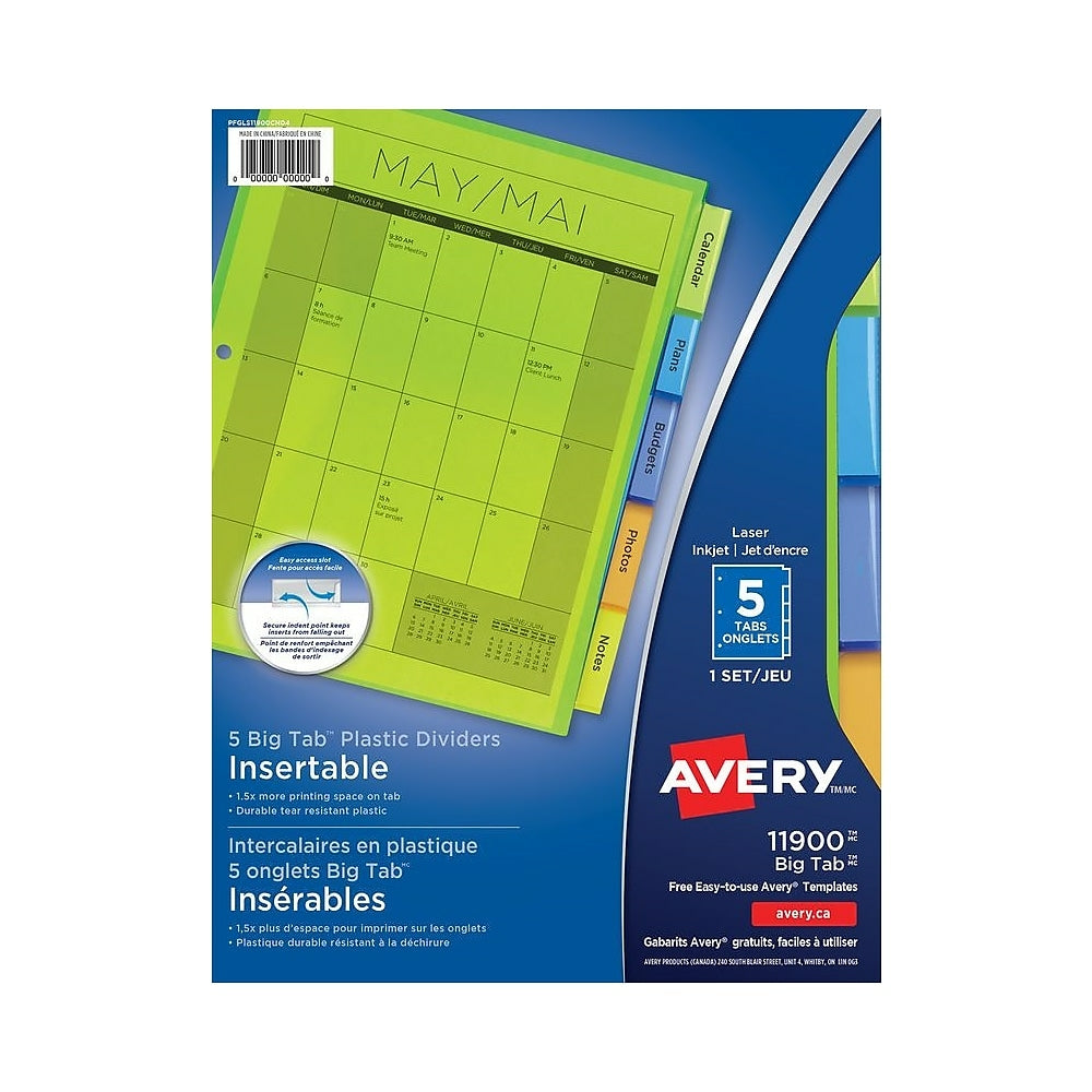 Avery 9-1/4" x 11-1/8" Big Tab Insertable Plastic Dividers for Laser and Inkjet Printers - 5 Tabs - Multi-colour