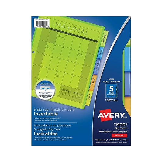 Avery 9-1/4" x 11-1/8" Big Tab Insertable Plastic Dividers for Laser and Inkjet Printers - 5 Tabs - Multi-colour