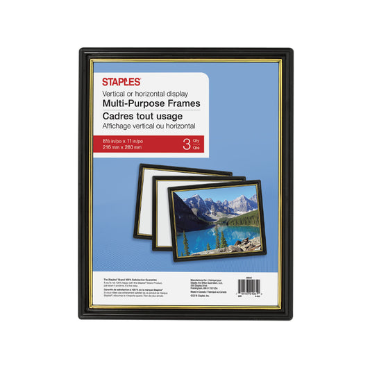 Cadres pour documents Staples 8-1/2" x 11", noir avec bordure dorée, paquet de 3