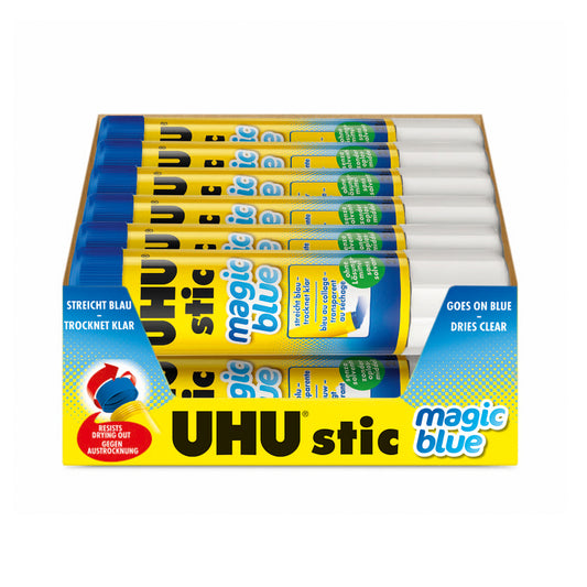 Bâtons de colle UHU - Bleu à l'application - Transparent au séchage - 21 g - Paquet de 12
