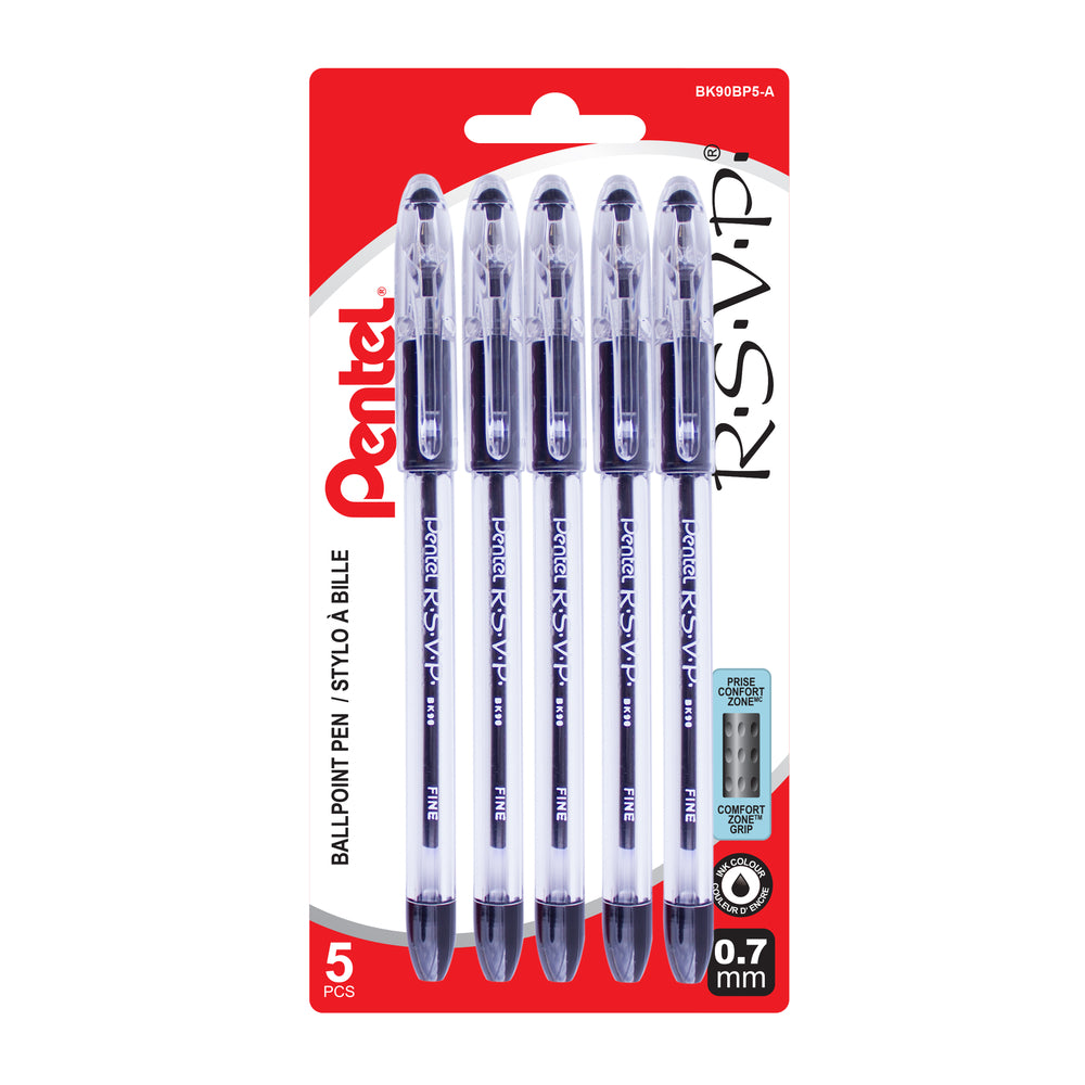Pentel R.S.V.P. Fine Black Ballpoint Pens - 5 Pack