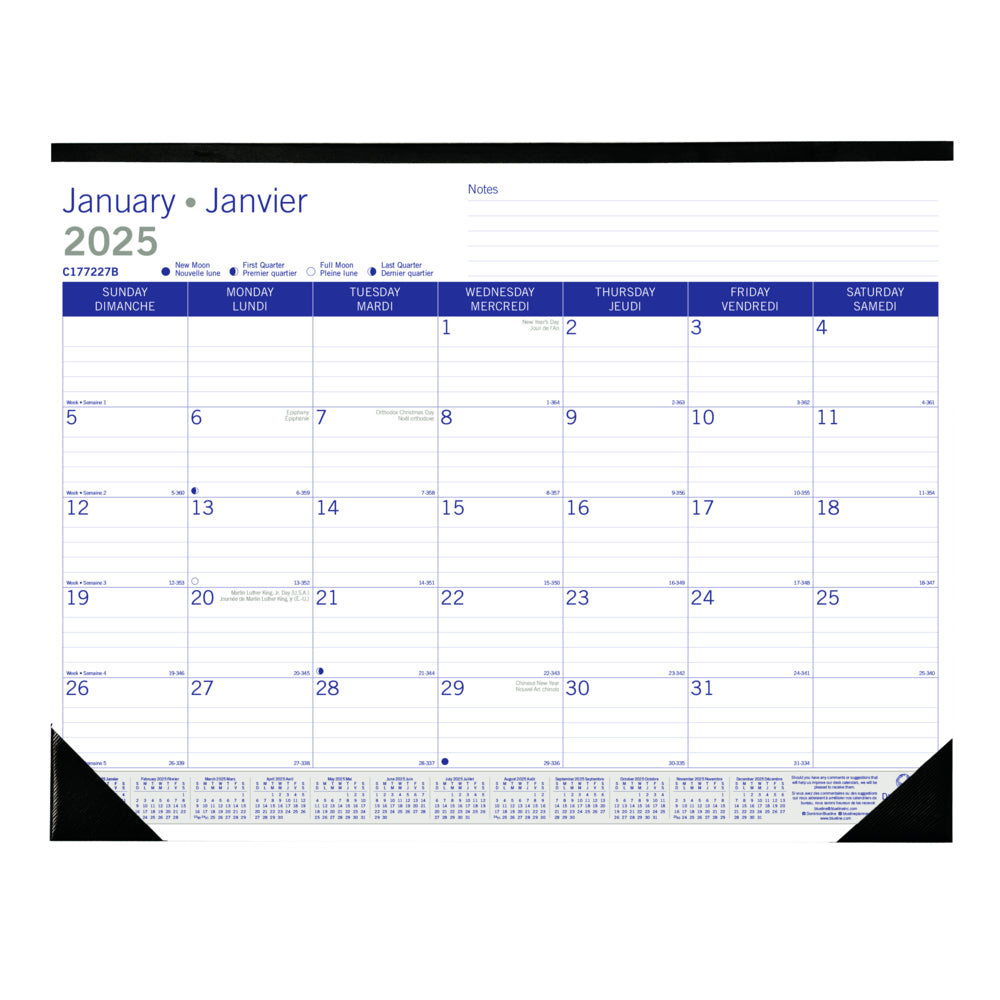 Calendrier mensuel Blueline 2025 DuraGlobe - 22" x 17" - Bilingue
