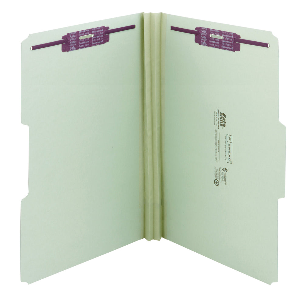 Chemises Smead en carton comprimé avec attaches SafeSHIELD - 2 attaches - Onglet 1/3 - Extension 2" - Format légal - Gris/Vert - Paquet de 25