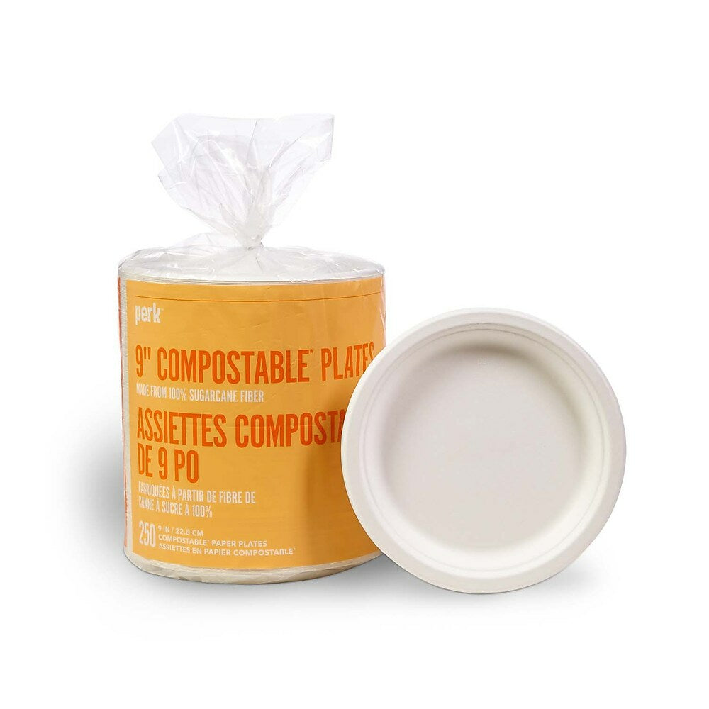 Perk Compostable Paper Plates - 9" - White - 250 Pack
