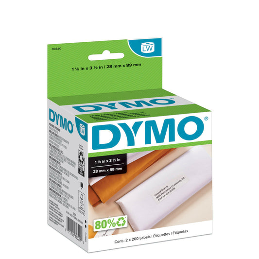 Étiquettes d'adresse postale autocollantes blanches DYMO LabelWriter, 28 x 89 mm - 2 rouleaux de 260 (520 au total) Étiquettes d'adresse postale autocollantes blanches DYMO LabelWriter, 28 x 89 mm - 2 rouleaux de 260 (520 au total)