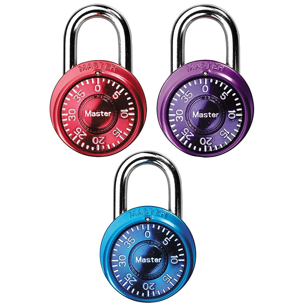 Master Lock 1-9/16in (40mm) Wide Anodized Combination Dial Padlock with 17mm Shackle - Assorted Colors - 3 Pack