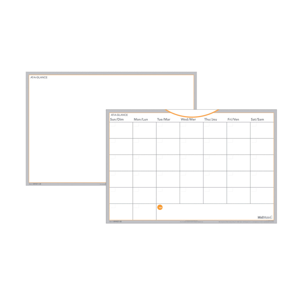 At-A-Glance Undated WallMates Self-Adhesive Dry-Erase Planning Set, Monthly Planner + Writing Surface - 12" x 18" - Bilingual