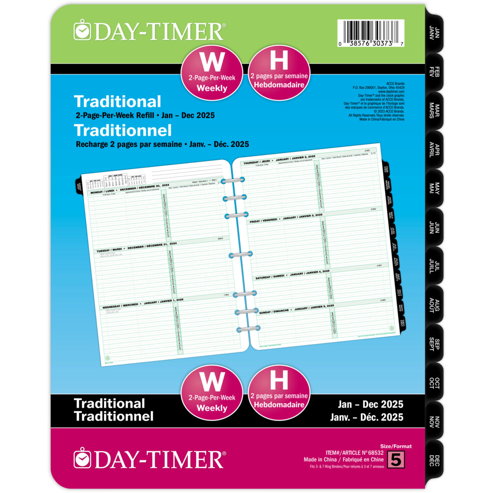 Recharge datée Day-Timer 2025, 2 pages/semaine, folio - 11" H x 8-1/2" L - Bilingue