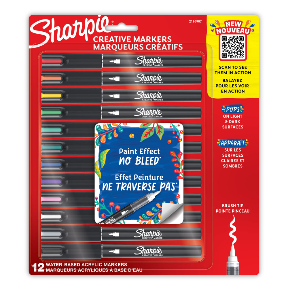 Feutres créatifs Sharpie - Acrylique à base d'eau - Pointe pinceau - Couleurs assorties - Lot de 12