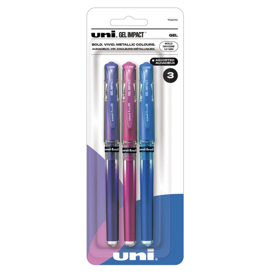 uni-ball Signo Gel Impact Pens - Bold Point (1.0mm) - Assorted Metallic (Blue, Pink, Violet) - 3 Pack