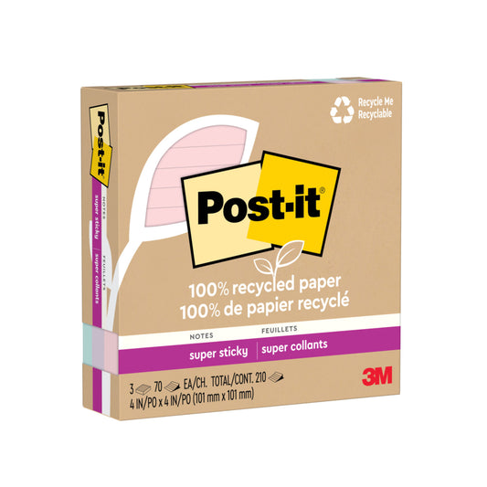 Post-it 100% Recycled Super Sticky Notes - 4" x 4" - Wanderlust Pastels Collection - Lined - 210 Sheets - 3 Pack