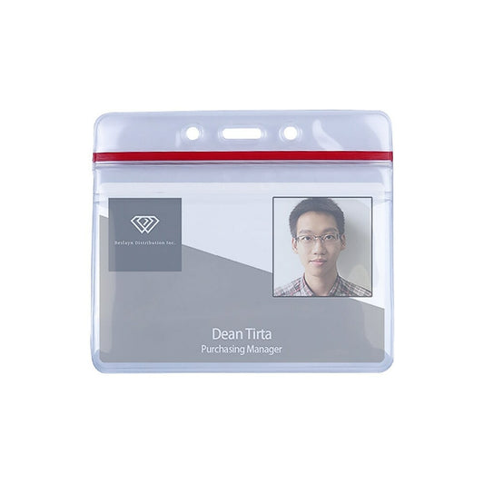 Beslayn Heavy Duty Vinyl ID Badge Holder with Resealable Red Zipper, Horizontal 3-3/8" x 2-3/8", Clear, 50 Pack