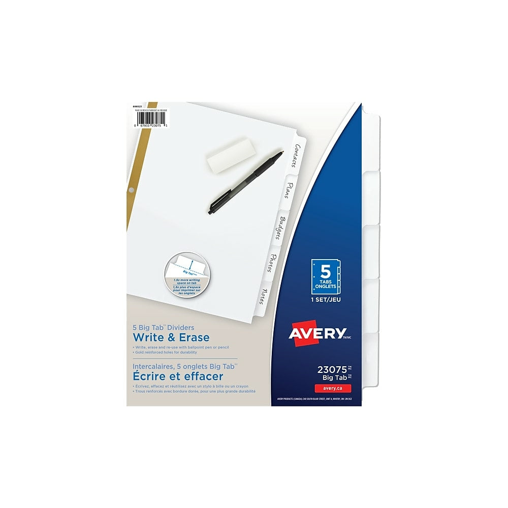 Avery Write-On Big Tab Dividers - 5 Tabs - White
