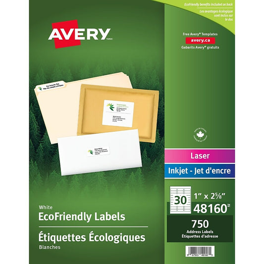 Avery Eco-Friendly White Laser/Inkjet Address Labels,1” x 2-5/8”, 750 Pack (48160)