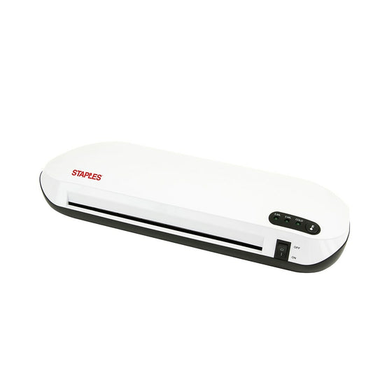 Plastifieuse thermique Staples pour pochettes thermoscellables avec option de plastification à froid, largeur de bande : 23 cm, vitesse : 30 cm/min, blanche