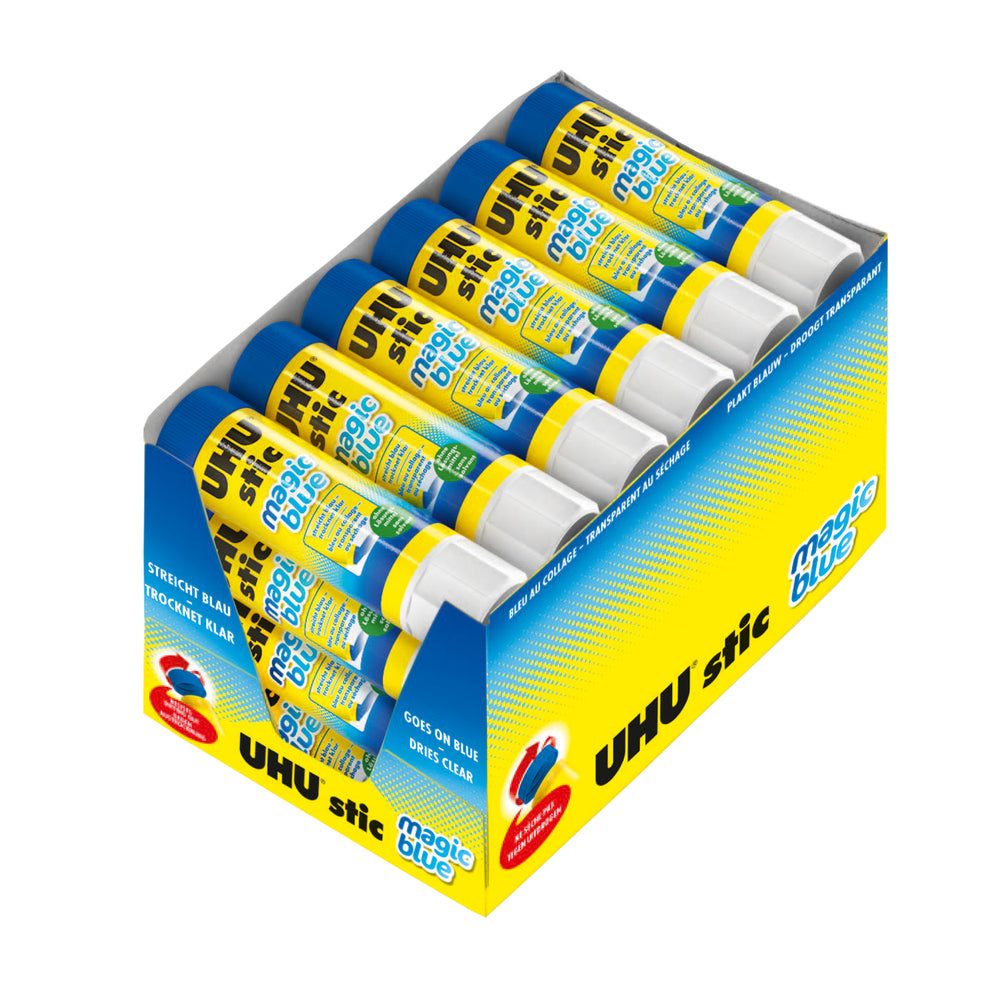 Bâtons de colle lavables UHU - Bleu à l'application - Transparents au séchage - 8,2 g - Paquet de 24