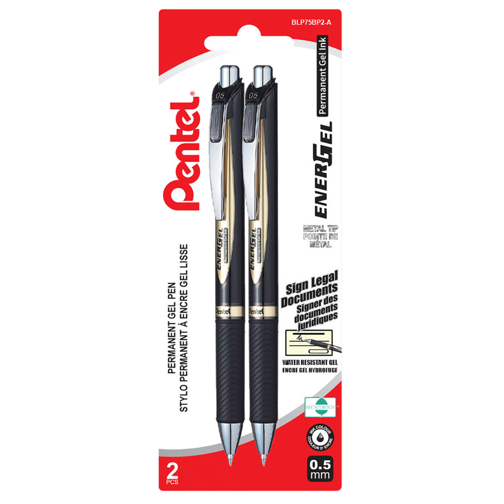 Pentel EnerGel Permanent Ink Pens, 0.5mm, Black Ink, 2 Pack