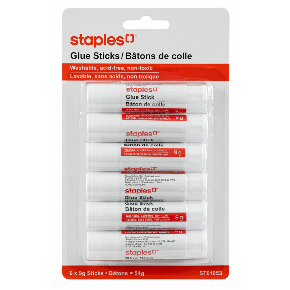 Bâtons de colle lavables Staples - 9 g - paquet de 6
