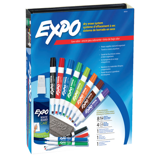 Kit de marqueurs effaçables à sec Expo avec 12 marqueurs à pointe fine et biseautée, une gomme et un nettoyant en spray