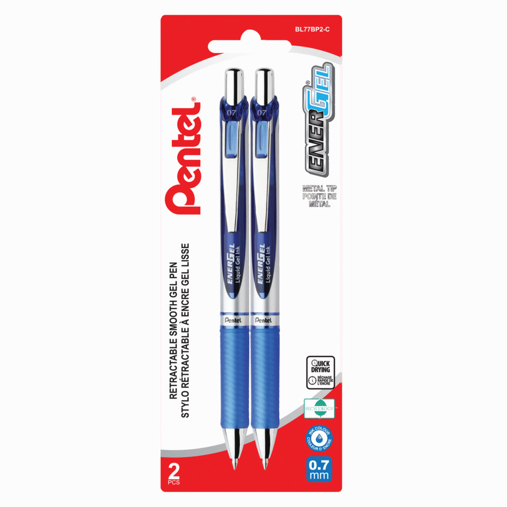 Pentel EnerGel Liquid Gel Pens, Retractable, 0.7mm, Blue, 2 Pack