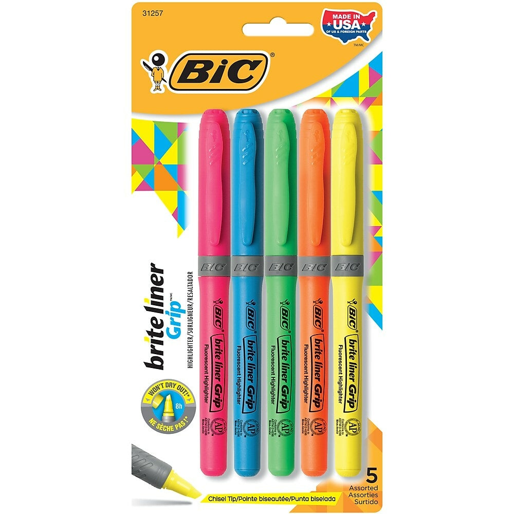 BIC Brite Liner Grip Chisel Tip Pen-Style Highlighter - Assorted Colours - 5 Pack