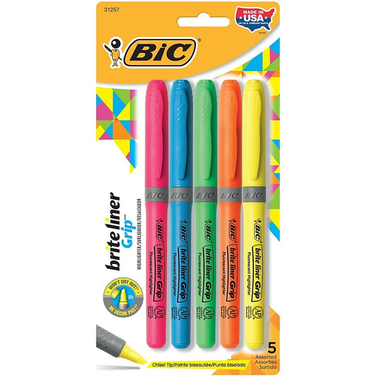 BIC Brite Liner Grip Chisel Tip Pen-Style Highlighter - Assorted Colours - 5 Pack