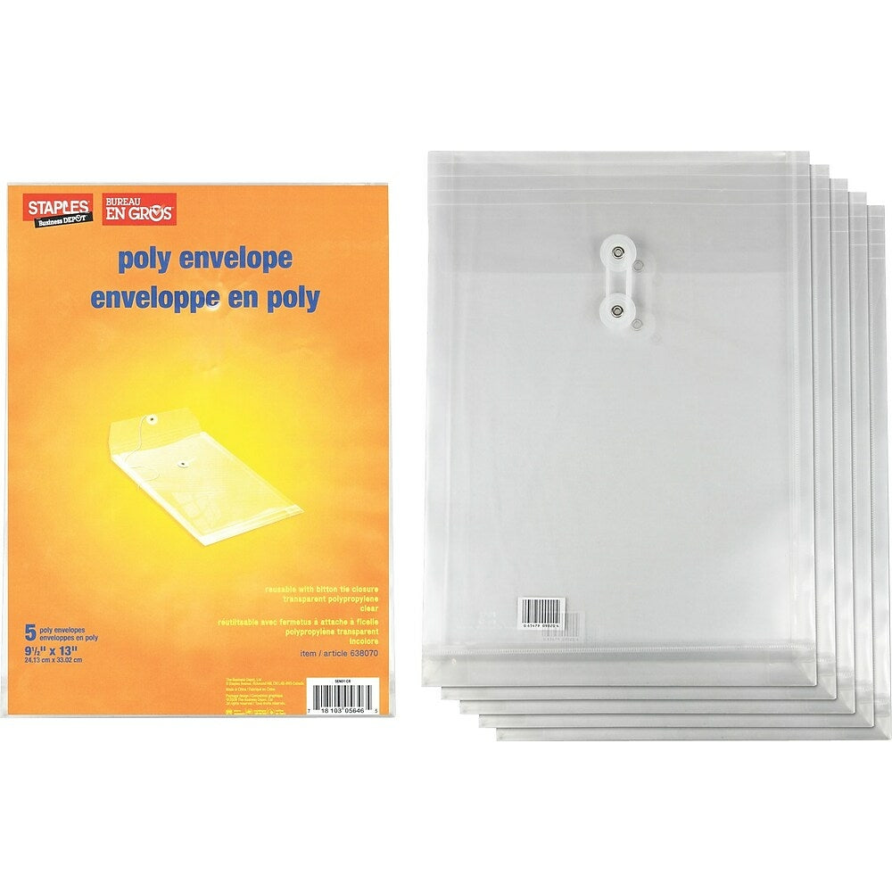 Enveloppes Staples en polyéthylène avec fermeture à bouton-pression – 9-1/4" x 13" – Transparentes – Paquet de 5