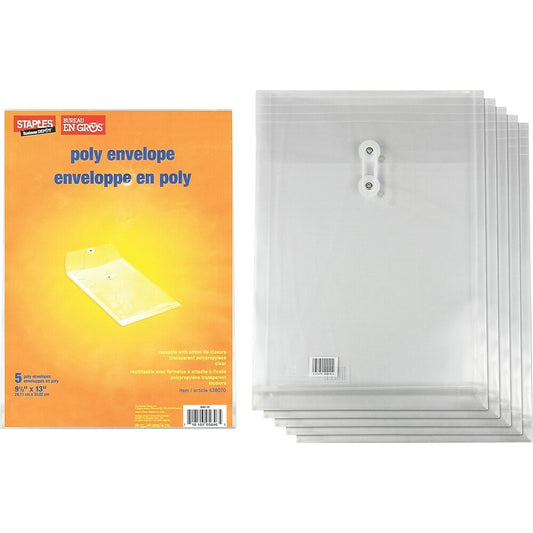 Enveloppes Staples en polyéthylène avec fermeture à bouton-pression – 9-1/4" x 13" – Transparentes – Paquet de 5