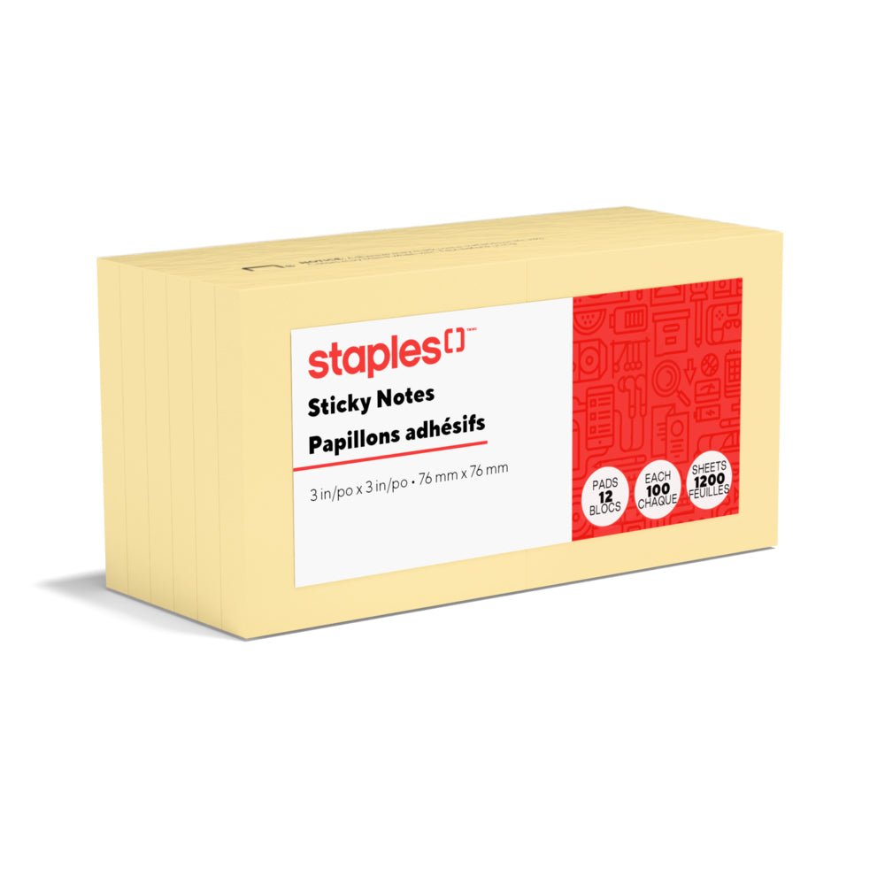 Staples - Feuilles adhésives Stickies, 3 po x 3 po, jaune, paquet de 12