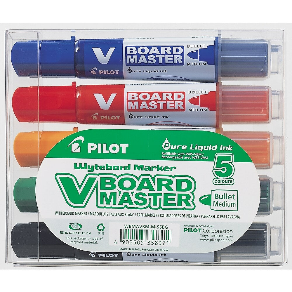Marqueurs pour tableau blanc Pilot BeGreen V-Board Master, pointe ogive, rechargeables, couleurs assorties, lot de 5 (BG-WBMAVBM-S5)