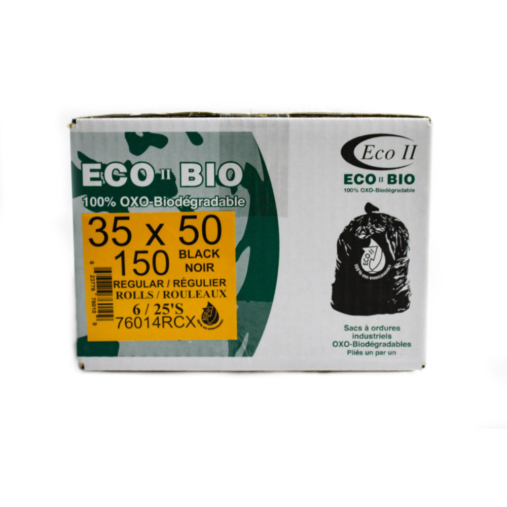 Eco II Oxo-Biodegradable Garbage Bags - 35" x 50" - Regular - Black - 25/Roll - 150 Pack