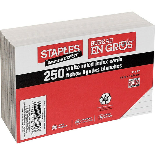 Fiches blanches lignées Staples - 4" x 6" - Paquet de 250