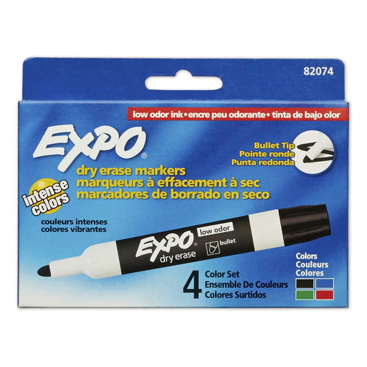 Marqueurs effaçables à sec Expo à faible odeur, pointe ogive, couleurs assorties, paquet de 4