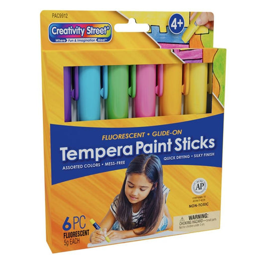Creativity Street Glide-On Tempera Paint Sticks, 6 Assorted Fluorescent Colours, 5 grams, 6 Count
