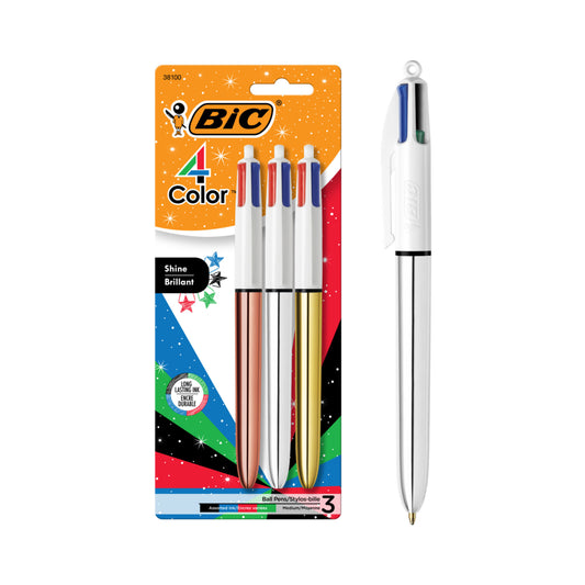 BIC 4-Colour Shine Ballpoint Pens - Retractable - 1.0mm - Assorted - 3 Pack