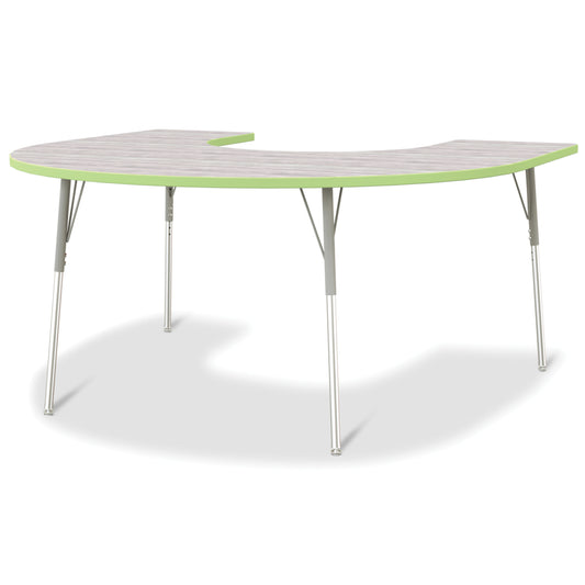 Table d'activités Jonti-Craft Berries en forme de fer à cheval - 152 cm x 167 cm - 61 à 79 cm de hauteur - Gris bois flotté/citron vert