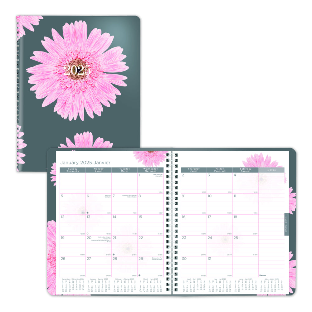 Blueline 2025 Pink Ribbon Monthly Planner 14 Months - 8-7/8" x 7-1/8" - Pink Daisy - Bilingual