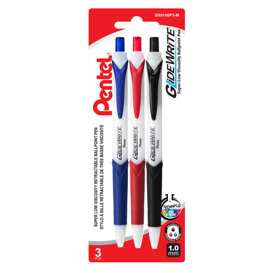 Pentel GlideWrite Retractable Ball Pen with TechniFLO Ink - 1.0mm - Assorted Colours - 3 Pack