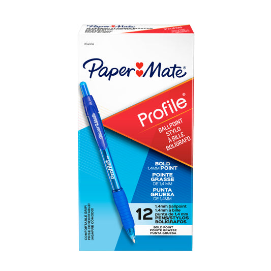 Stylos à bille Paper Mate Profile - Rétractables - 1,4 mm - Bleu - Lot de 12